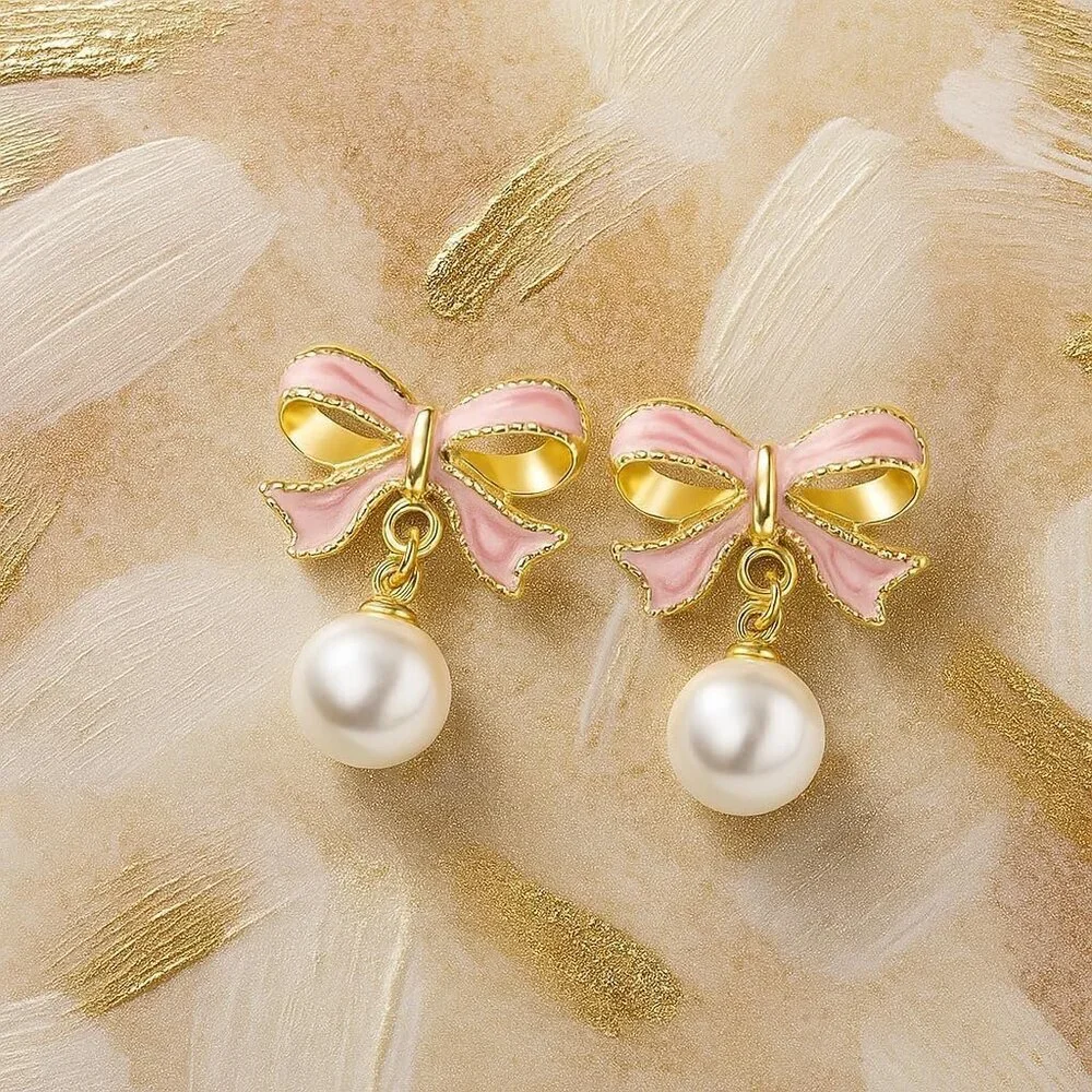 Women's Pink Earrings Long Tassel Chain Drop Earrings Trendy Small Bow Sparkly - Picture 2 of 9
